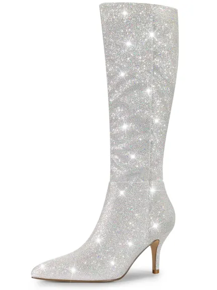 Allegra K- Glitter Stiletto Heel Knee High Boots