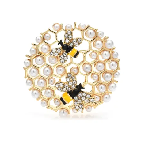 Faux Pearl Honeycomb & Crystal Bees Brooch - Don't AsK