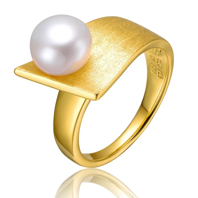 Genevive Sterling Silver 14k Yellow Gold Plated with Genuine Freshwater Pearl Linear Ring Size 6