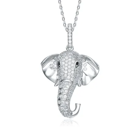 Genevive white gold-Plated with Cubic ZIrconia Iced Out Lucky Elephant Head Pendant Necklace in Sterling Silver