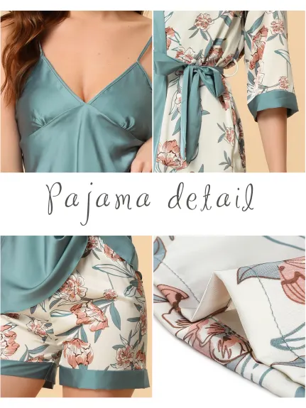 cheibear - Satin Cami Pajamas Set with Floral Robe