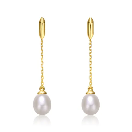 Genevive Sterling Silver 14k Yellow Gold Plated with White Pearl Linear Dangle Drop Cable Chain Earrings
