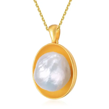 Sterling Silver 14k Gold Plated with Genuine Freshwater Pearl Round Pendant Necklace