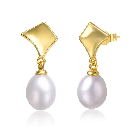 Genevive Boucles d'oreilles pendantes rétro en argent sterling et or jaune 14 carats avec perles blanches et bouclier géométrique