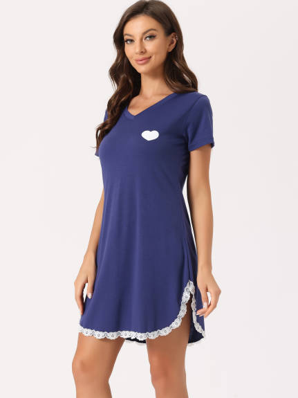cheibear - Lace Trim Short Sleeves Lounge Nightgowns