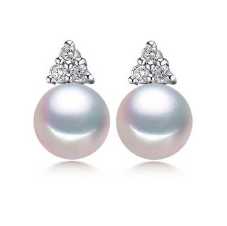 Boucles d'oreilles clous en perles de culture d'eau douce blanches et zircons cubiques en triplet- Signature Pearls