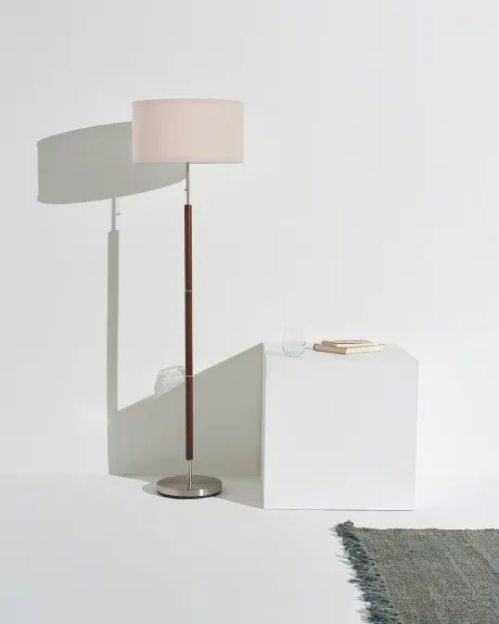Carter Led Standing Floor Lamp With Drum Shade And Walnut Wood Finish