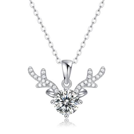 Stella Valentino Sterling Silver 1ctw Lab Created Moissanite Solitaire Pave Antler Pendant Layering Necklace