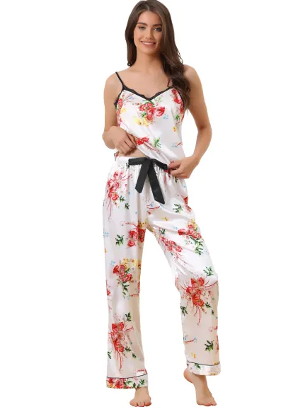 cheibear - Floral Lace Cami Long Pants Pajama Set