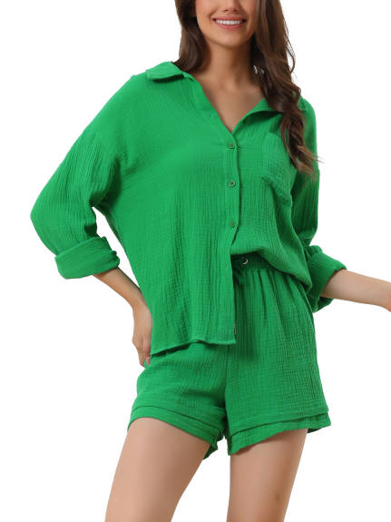 cheibear - Button Down Shirt with Shorts Lounge Sets