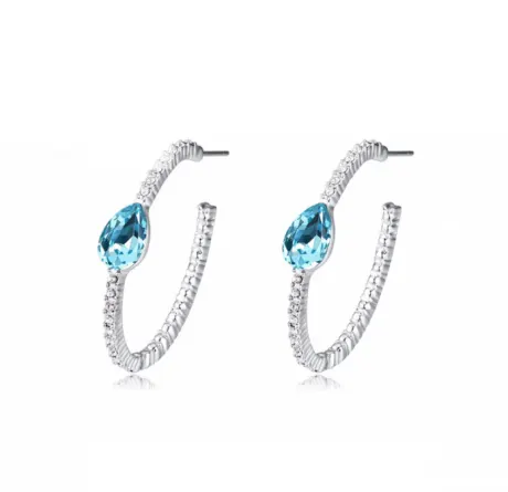 Silvertone Pave Crystal & Teardrop Textured Hoop Earrings in Aqua by Callura