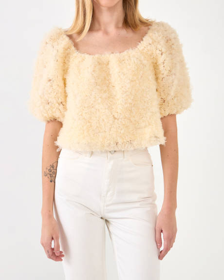 endless rose- Floral Tulle Puff Sleeve Top