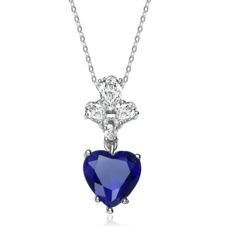 Genevive Sterling Silver Blue Cubic Zirconia Heart Pendant Necklace