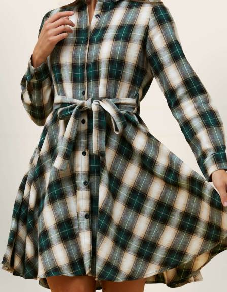 Annick - Fiona Shirt Dress Waist Tie Plaid Print Green