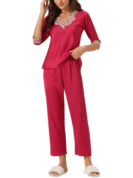 cheibear - Lace Trim Top Long Pants Pajama Set