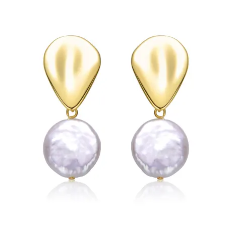 Genevive Sterling Silver 14k Yellow Gold Plated with White Coin Pearl Raindrop Double Dangle Drop Earrings