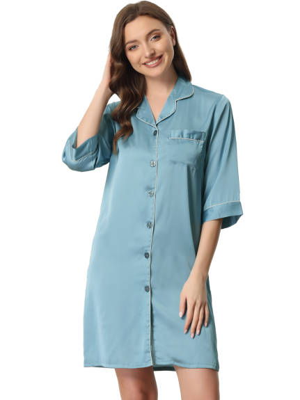 cheibear - 3/4 Sleeve Satin Dress Button Down Nightgown