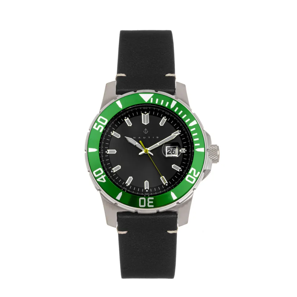 Nautis - Dive Pro 200 Montre à bracelet en cuir avec date - Vert/Noir