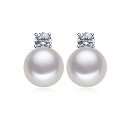 Boucles d'oreilles clous en perles de culture d'eau douce blanches et zircons cubiques circulaires- Signature Pearls