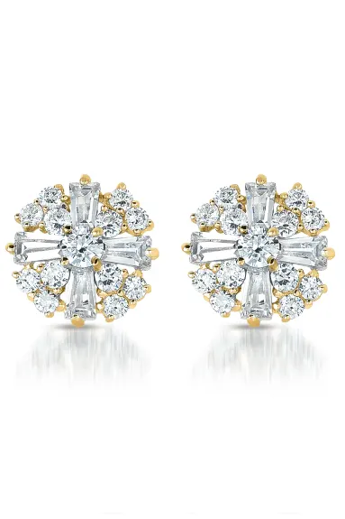 Genevive Cubic Zirconia Sterling Silver Rhodium Plated,14K Gold Plated Round Baguette Earrings