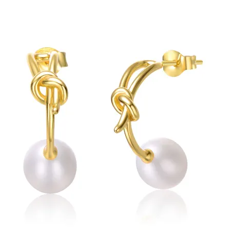 Genevive Sterling Silver 14k Yellow Gold Plated with White Pearl Love Knot Half-Hoop Earrings
