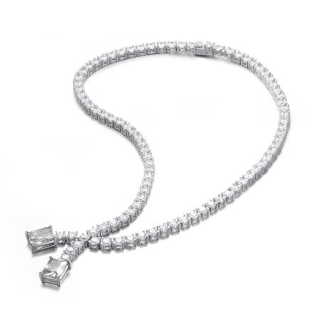 Genevive Sterling Silver White Gold Plating with Colored Cubic Zirconia Two-Stone Tennis Necklace