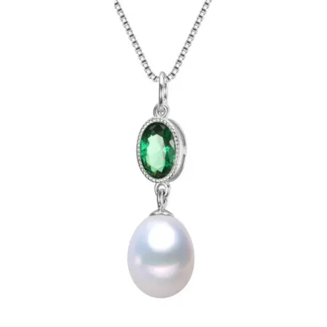 Sterling Silver & Emerald Green Oval CZ Pendant Necklace with White Freshwater Pearl - Signature Pearls
