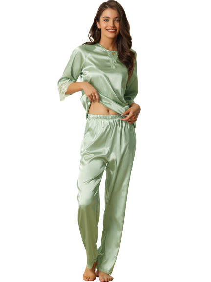 cheibear - Lace 3/4 Sleeves Lounge with Pants Pajama Sets