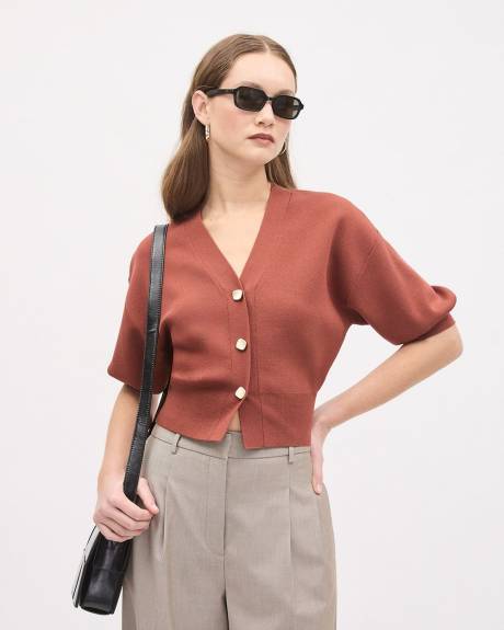 Elbow-Sleeve Buttoned-Down Cardigan