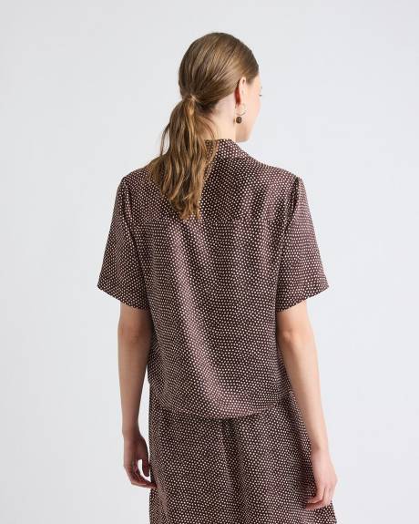Short-Sleeve Buttoned-Down Dotted Satin Blouse
