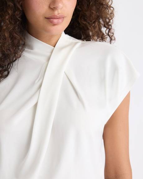 Extended-Sleeve Top with Crossover Draped Mock Neckline