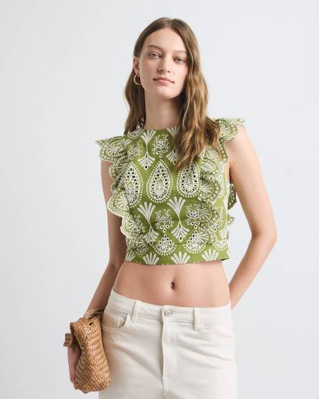 Sleeveless Embroidered Blouse with Ruffles