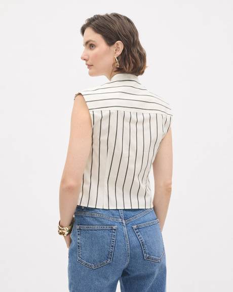 Sleeveless Buttoned-Down Striped Poplin Blouse with Twisted Detail