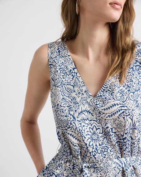 Robe Midi Sans Manches &agrave; Col V avec Ceinture