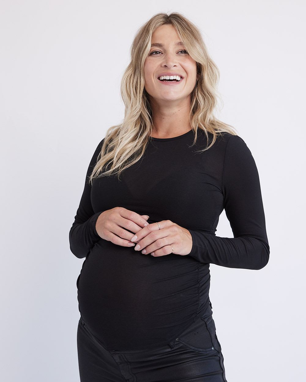 Black Shirred Sheer Top with Long Sleeves - Thyme Maternity