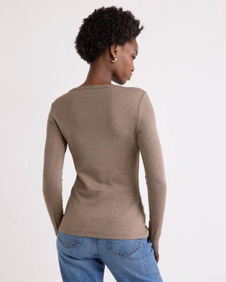 T-Shirt Côtelé Ajusté à Manches Longues et Col Rond en Tricot Luxueux