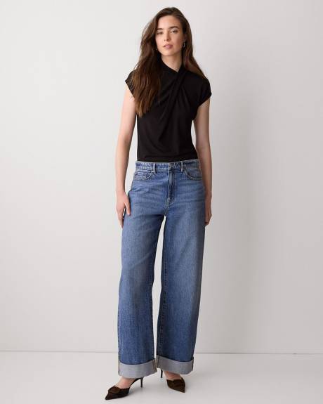 Extended-Sleeve Top with Crossover Draped Mock Neckline