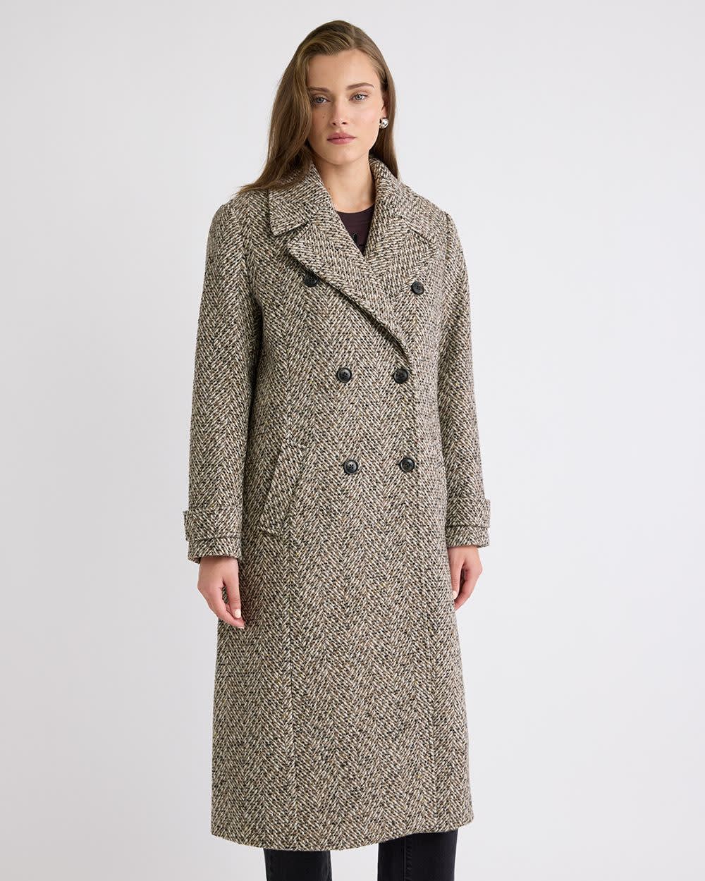 Wool-Blend Long Double-Breasted Herringbone Coat