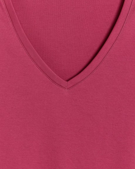 T-Shirt Uni en Coton Épais à Manches Courtes et Col V