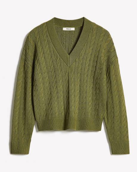 Pull Laine Mérinos à Manches Longues et Col V en Mailles Torsadées