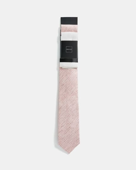 Regular Textured Pink Tie with White Handkerchief - Gift Set