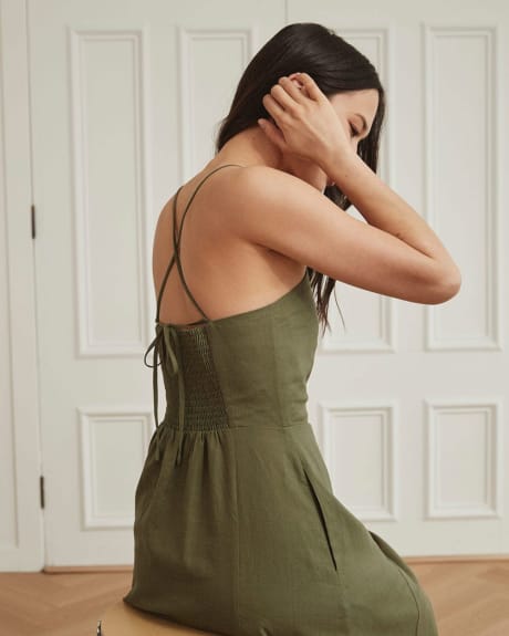 Linen Blend Fit and Flare Sleeveless Dress with Back Details
