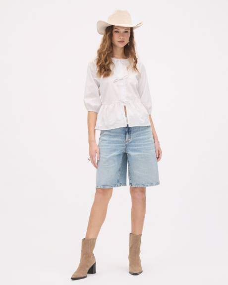 Elbow-Sleeve Crew-Neck Blouse with Self-Ties