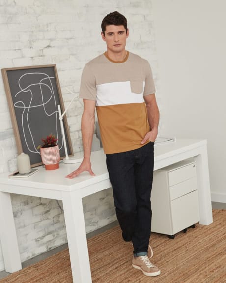 Pique T-Shirt with Colour Blocks and Chest Pocket