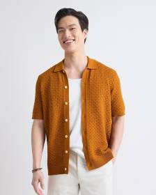 Short-Sleeve Buttoned-Down Textured Sweater with Shirt Collar