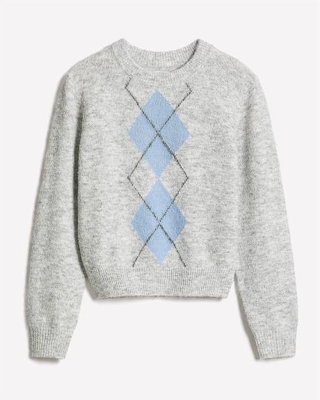 Long-Sleeve Crew-Neck Hairy-Knit Argyle Sweater