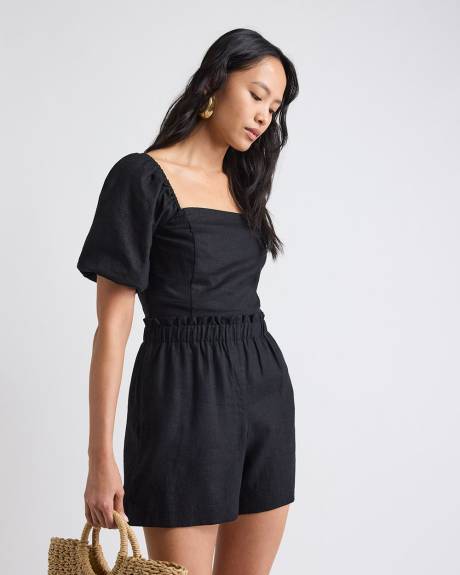 Haut Tube en M&eacute;lange de Lin &agrave; Col Carr&eacute; et Manches Bouffantes