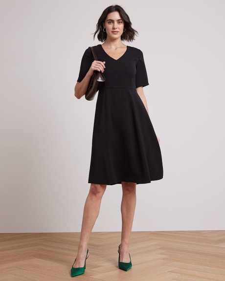 Short-Sleeve Fit and Flare Dress with V Neckline