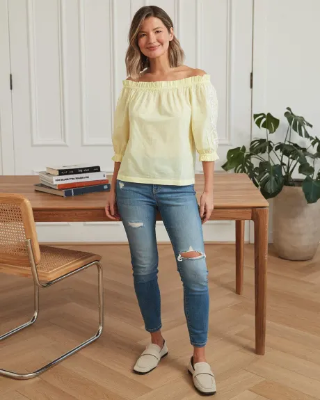 Cotton Voile Off-the-Shoulder Popover Blouse with Embroidered Sleeves