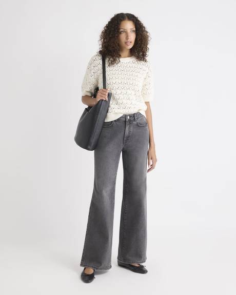 Jeans Long Gris Foncé à Taille Haute et Jambe Large